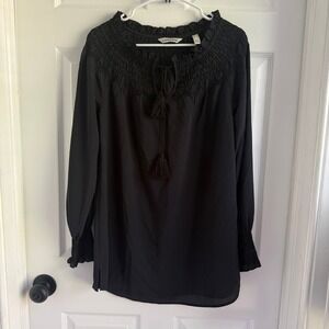 Lands End Womens Black Smocked Embroidered Tassel Peasant Blouse Size 8